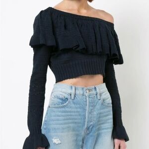 LoveShackFancy Rory Off the Shoulder Knit Ruffle Sweater
